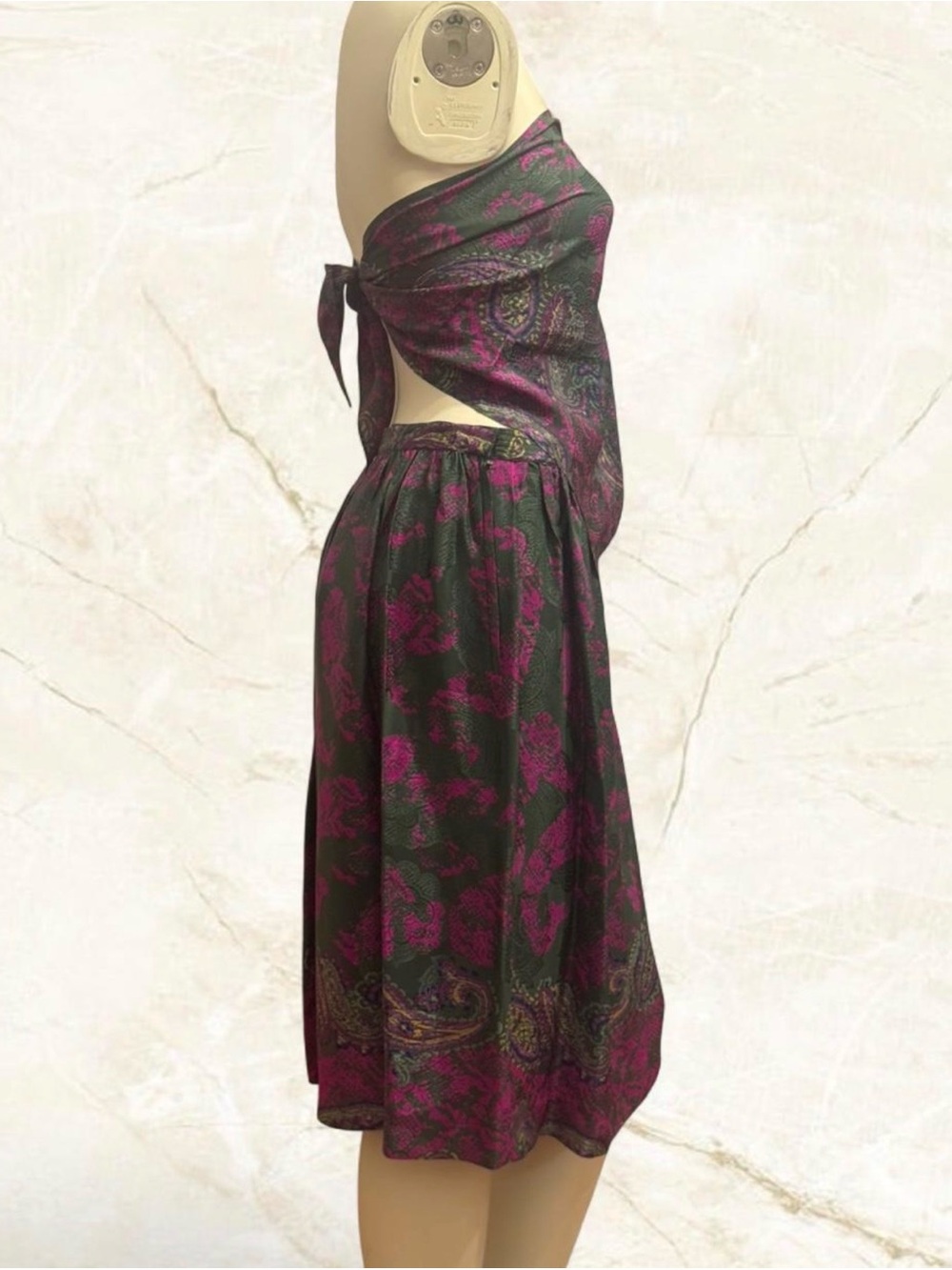 Vintage Silk Fairycore Paisley Strapless Tie-Back Dress in Deep Green & Magenta